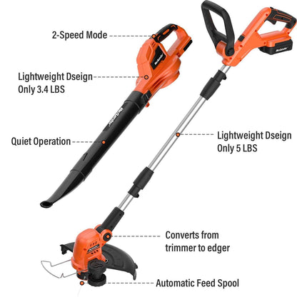 MAXLANDER 20V 10-Inch 2-in-1 Weed Wacker + Cordless Leaf Blower Combo Kit. 2x2.0Ah Batteries & Charger Included