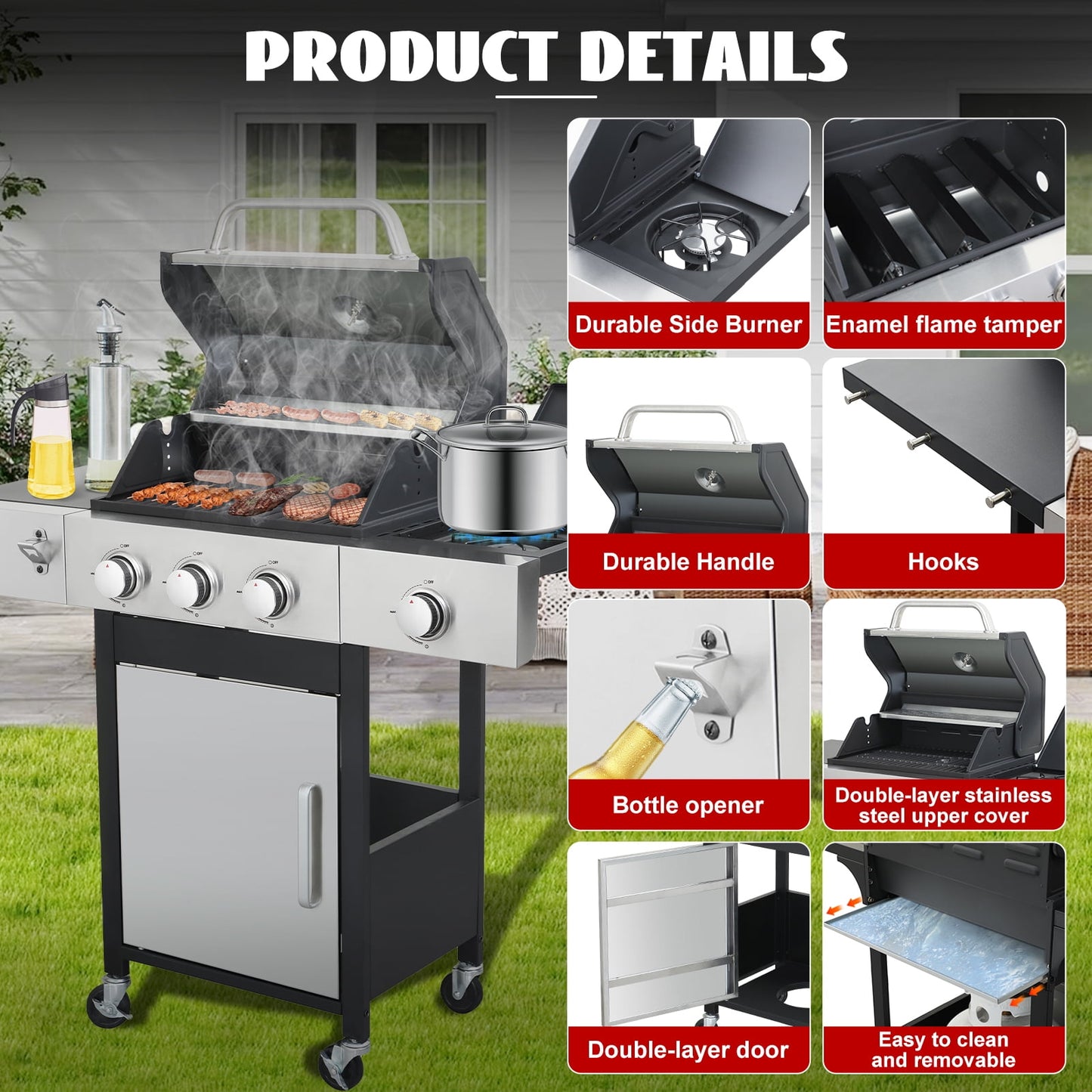 Nice Cooker 3-Burner Propane Gas Grill with Side Burner, 37000 BTU Outdoor BBQ Grill with Porcelain-Enameled Cast Iron Grates, Double Layer Lid, Built-in Thermometer Stainless Steel Grill for Outdoor