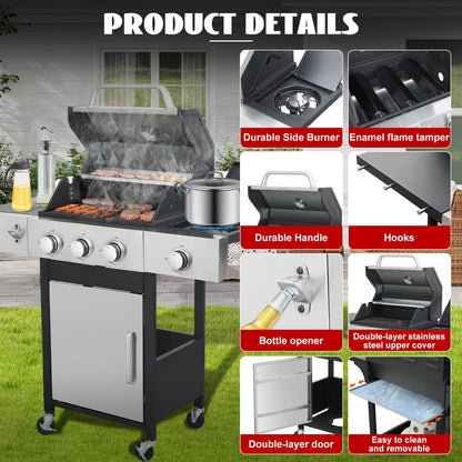 Nice Cooker 3-Burner Propane Gas Grill with Side Burner, 37000 BTU Outdoor BBQ Grill with Porcelain-Enameled Cast Iron Grates, Double Layer Lid, Built-in Thermometer Stainless Steel Grill for Outdoor