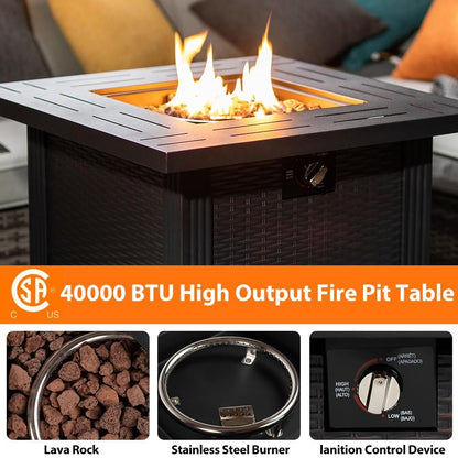 2-in-1 Propane Fire Pit Table, Outdoor Table with Fire Pit, 28 Inch 40,000 BTU Auto-Ignition Gas Fire Pit Table with Lid and Lava Rock, Square Fire Table for Yard Patio Garden