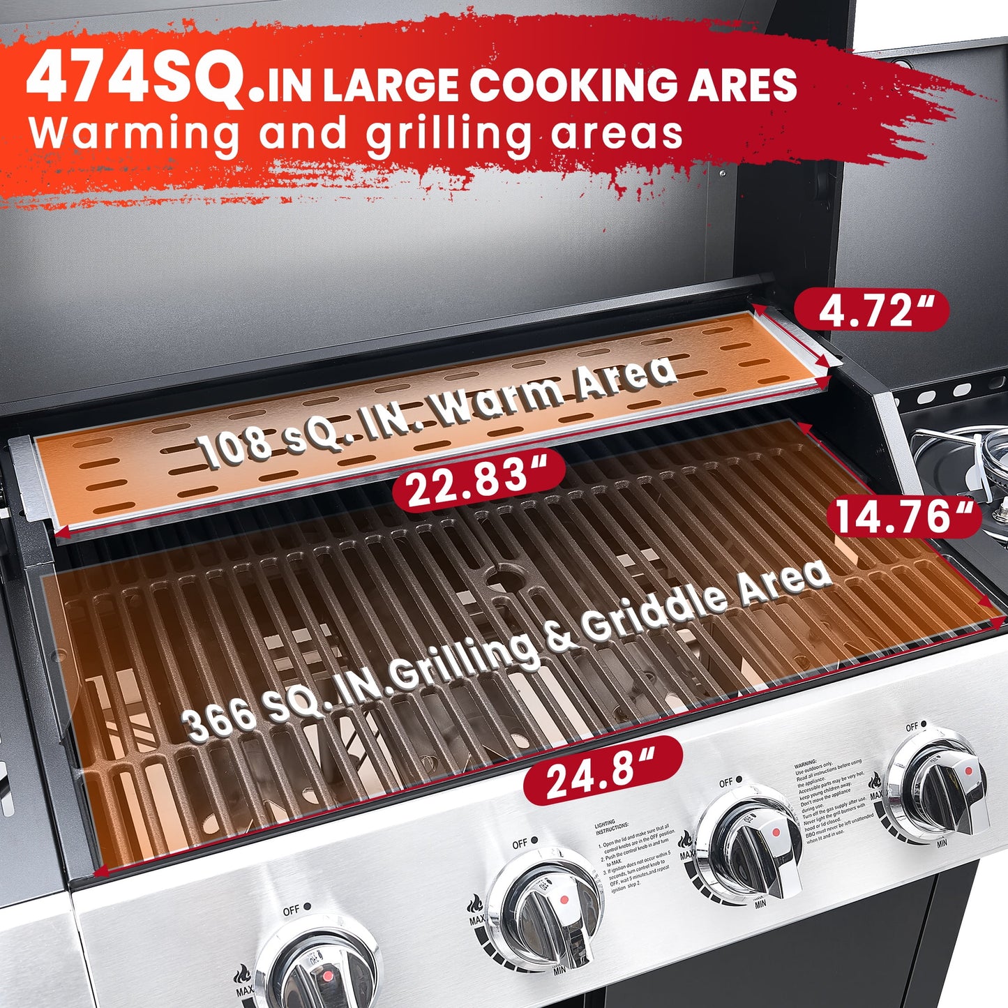 Seizeen 4-Burner Stainless Steel Gas Grill with Side Burner, 46,790 BTU, Enameled Cast Iron Grate, Outdoor BBQ