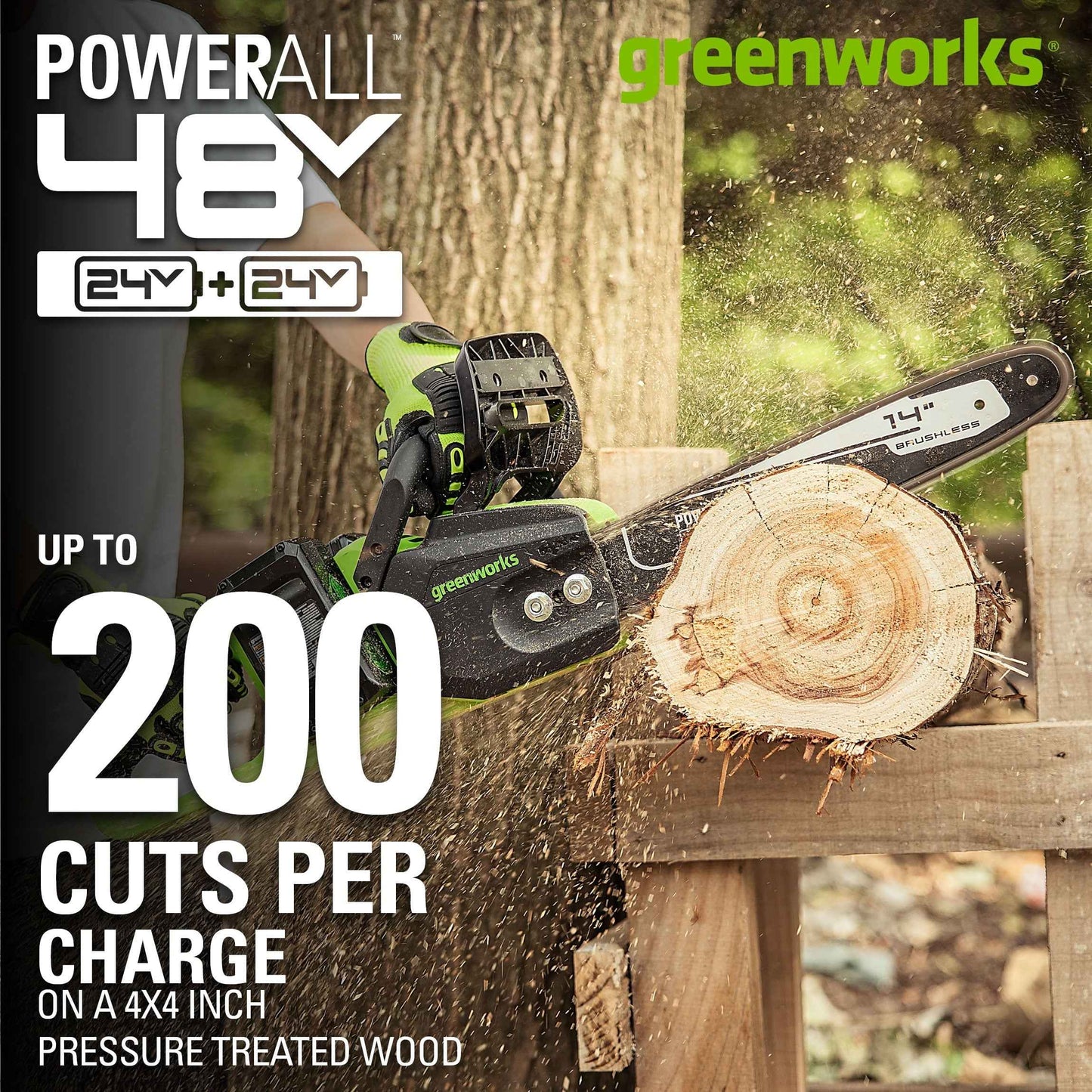 Greenworks 48V (2x24V) 14" Brushless Chainsaw + (2) 4Ah USB Batteries & Dual Port Charger 2017902