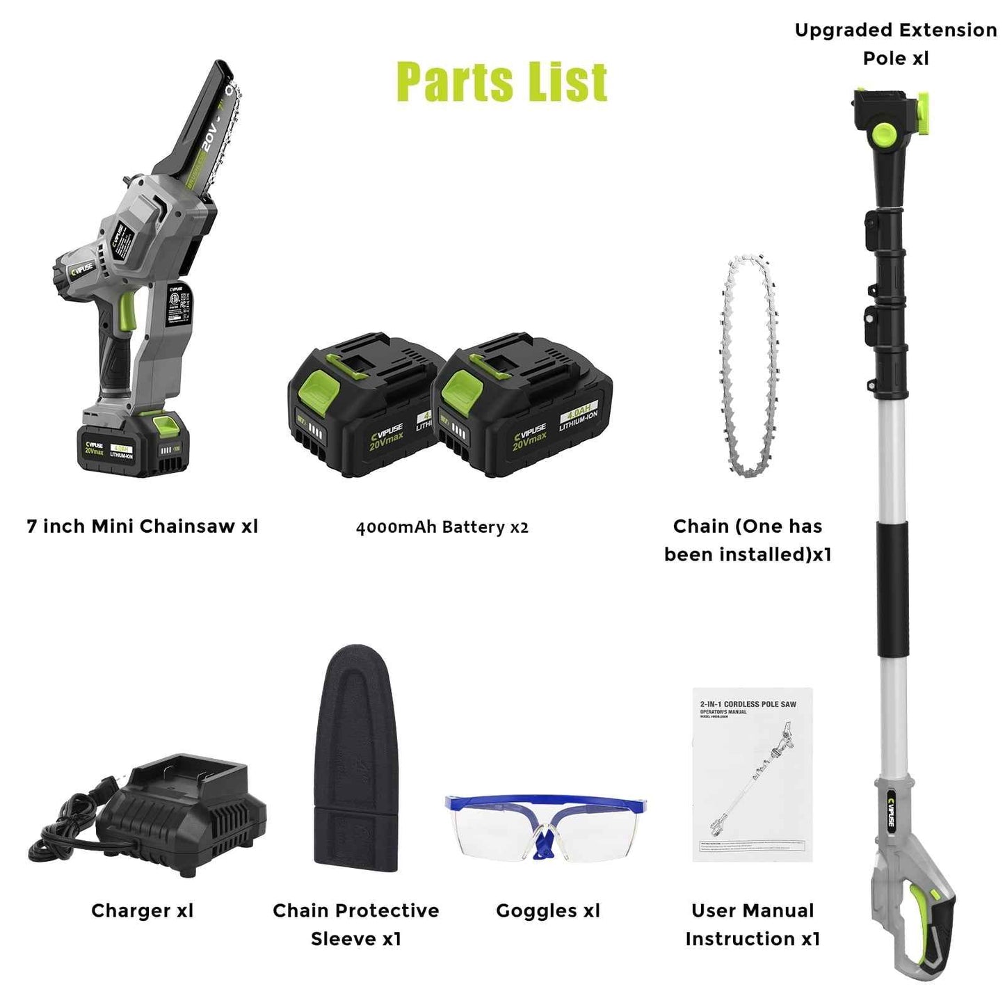 Vipuse 2-in-1 Brushless Cordless 16 FT Max Extension Pole Saws with Two 4.0Ah Rechargeable Batteries and 2.0Ah Fast Charger, 5.5lb Lightweight Auto Oiling 7 inch mini chainsaws for Tree Trimming