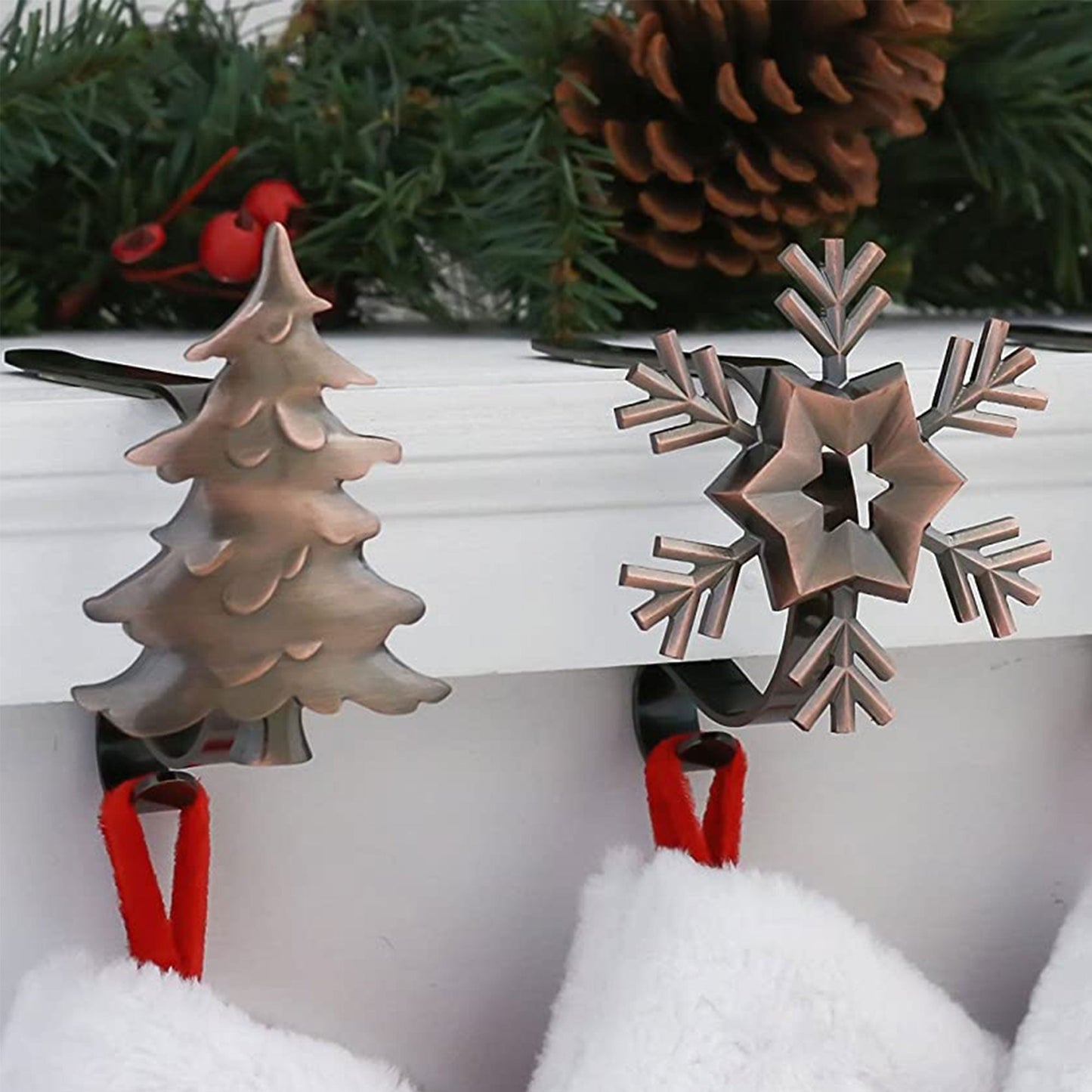 Haute Decor MantleClip Stocking Holder with Metal Holiday Icons, Bronze, 4 Pack