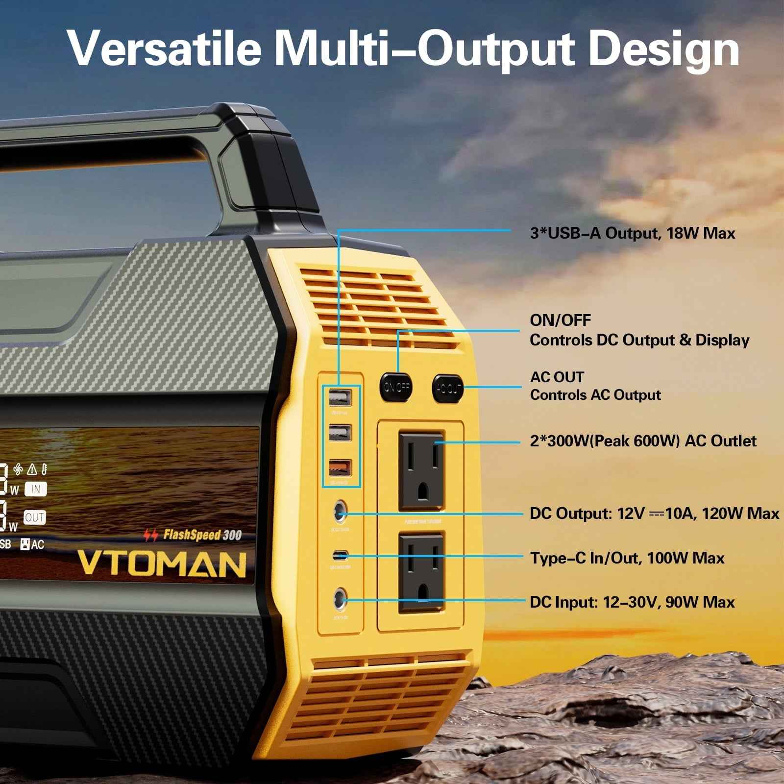 VTOMAN FlashSpeed 300 Portable Power Station 70000mAh, Only 7.4lbs with 7 Outlets, LiFePO4 Generator, 12V/24V DC Input Adapt RV/Van, PD 100W Type-C for Power Outage, Camping