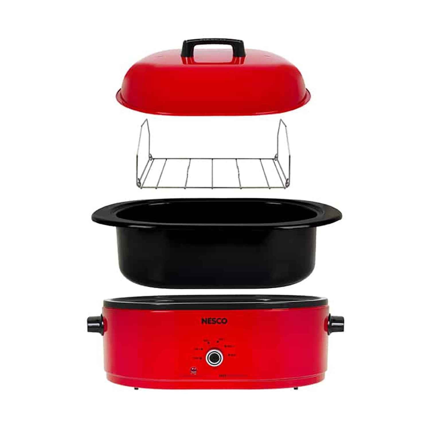 NESCO 18-Qt 1,450-Watt Roaster with Porcelain Cookwell, Chrome Red