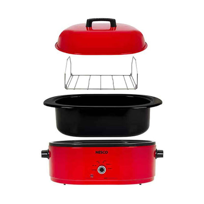 NESCO 18-Qt 1,450-Watt Roaster with Porcelain Cookwell, Chrome Red