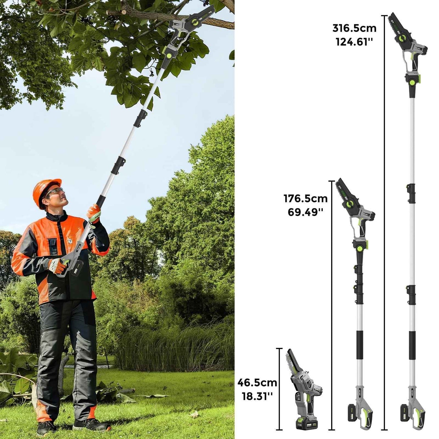 Vipuse 2-in-1 Brushless Cordless 16 FT Max Extension Pole Saws with Two 4.0Ah Rechargeable Batteries and 2.0Ah Fast Charger, 5.5lb Lightweight Auto Oiling 7 inch mini chainsaws for Tree Trimming