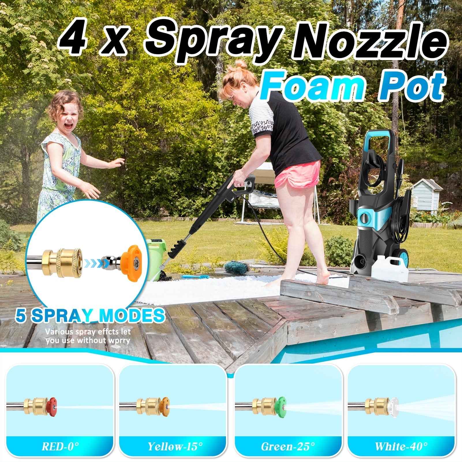 TEBRU Electric Pressure Washer, 3000PSI Max 2.4 GPM Power Washer with 32 ft Hose, 4 Quick Connect Nozzles, Foam Cannon, Suitable for Clean Cars, Patios, Driveways, Fences, Pool