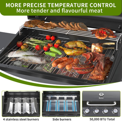 Brefac 4 Burner Propane Gas Grill with 3 Tier Shelf, 50000 BTU Outdoor Cooking Stainless Steel BBQ Grills Cabinet,Can be Placed Smoke Box，Black