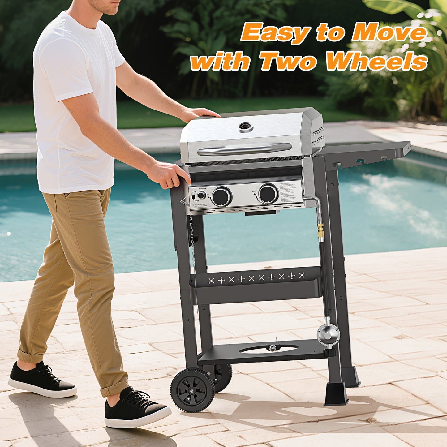 LHRIVER 2 Burner Gas Grill with Side Table, Portable Outdoor Barbecue Cooking BBQ, 16000BTU