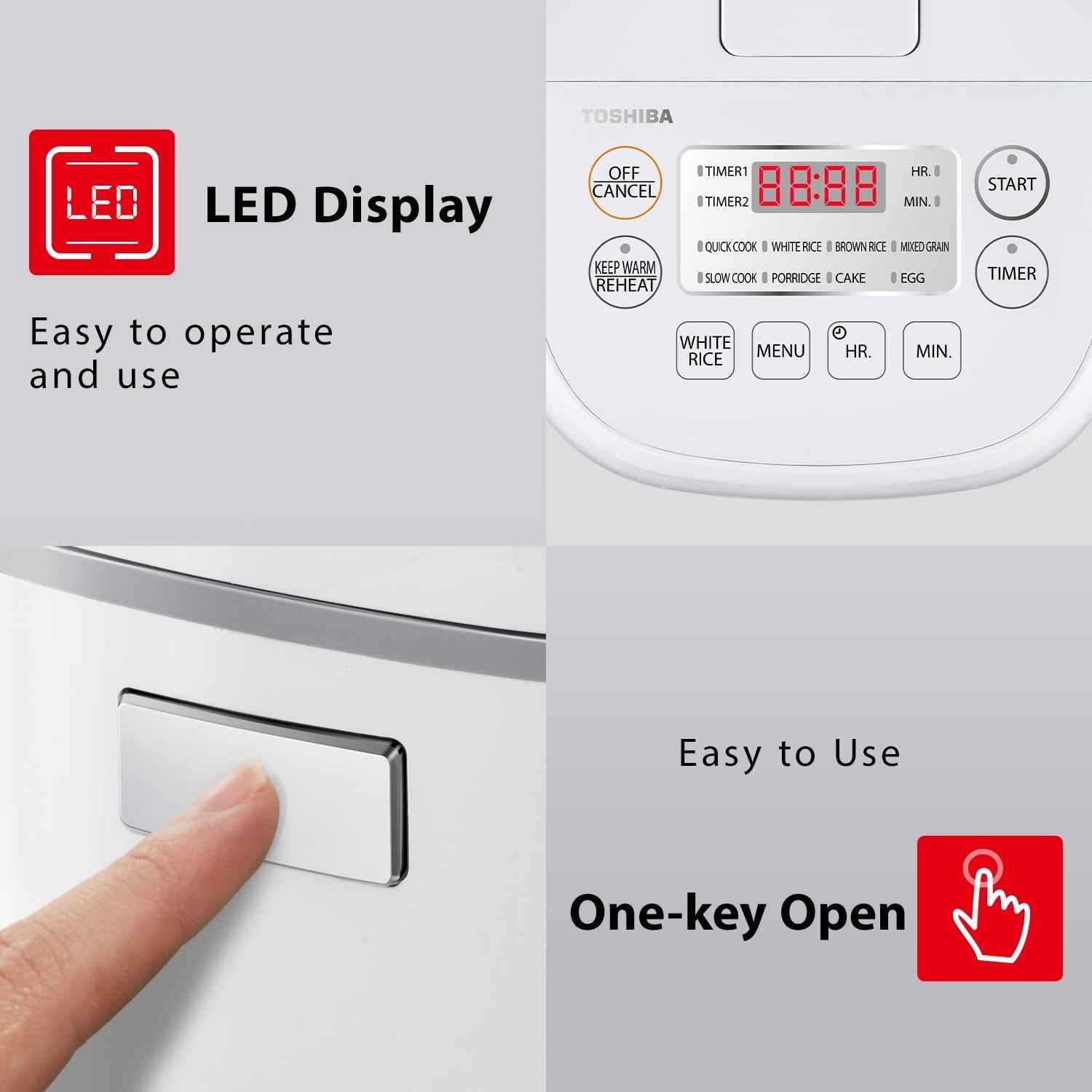 Toshiba 3-Cup Electric Rice Cooker, Steamer and Warmer, White - Nonstick Interior