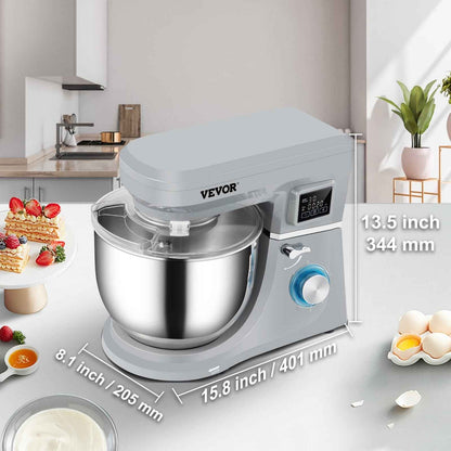 Vevor  Stand Mixer, 660W Electric Dough Mixer with 6 Speeds LCD Screen Timing - Gray