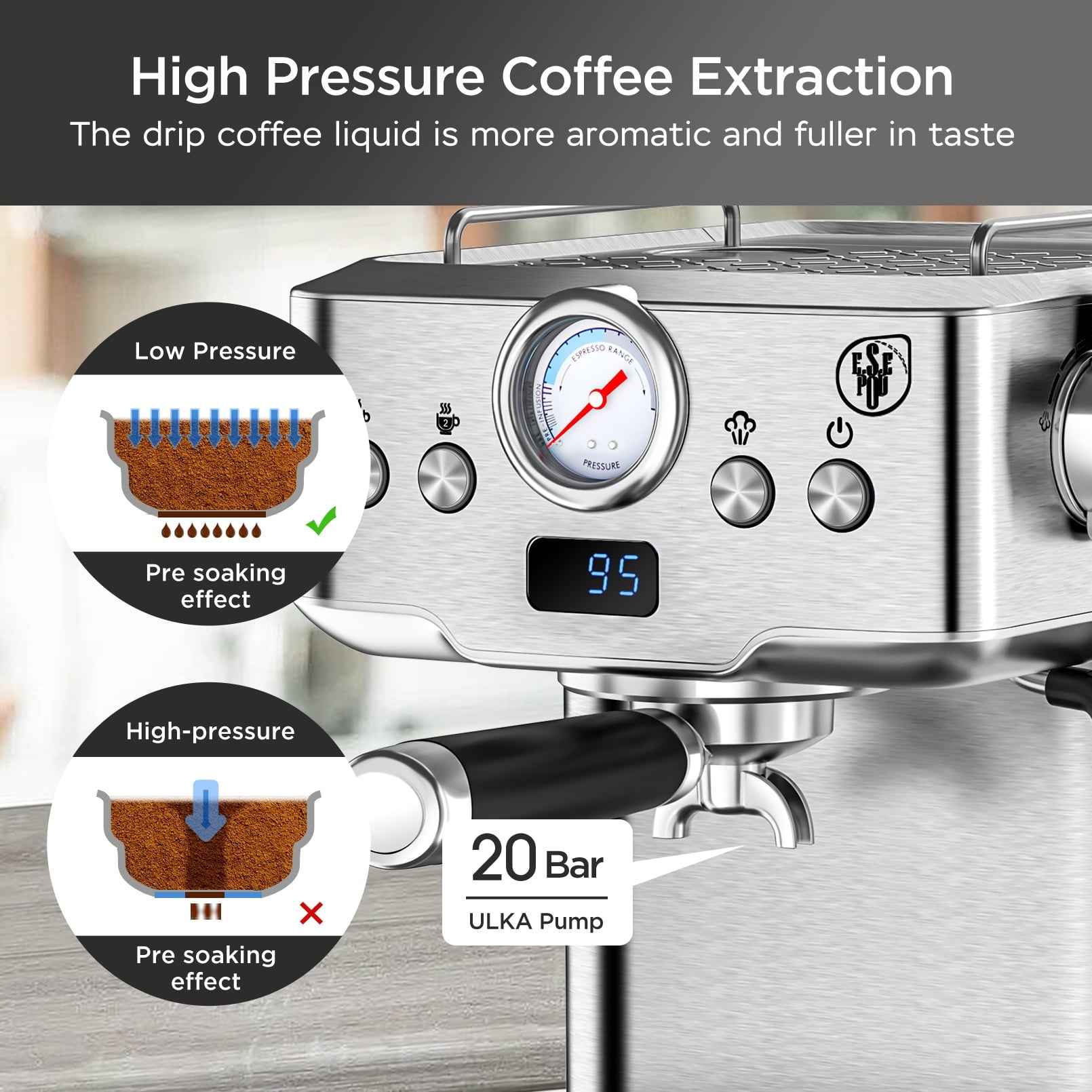 Plum Chef Espresso Machine 20 Bar Maker Coffee Machine 1.8L Water Tank, Stainless Steel, Silver