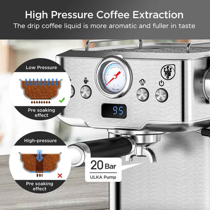 Plum Chef Espresso Machine 20 Bar Maker Coffee Machine 1.8L Water Tank, Stainless Steel, Silver