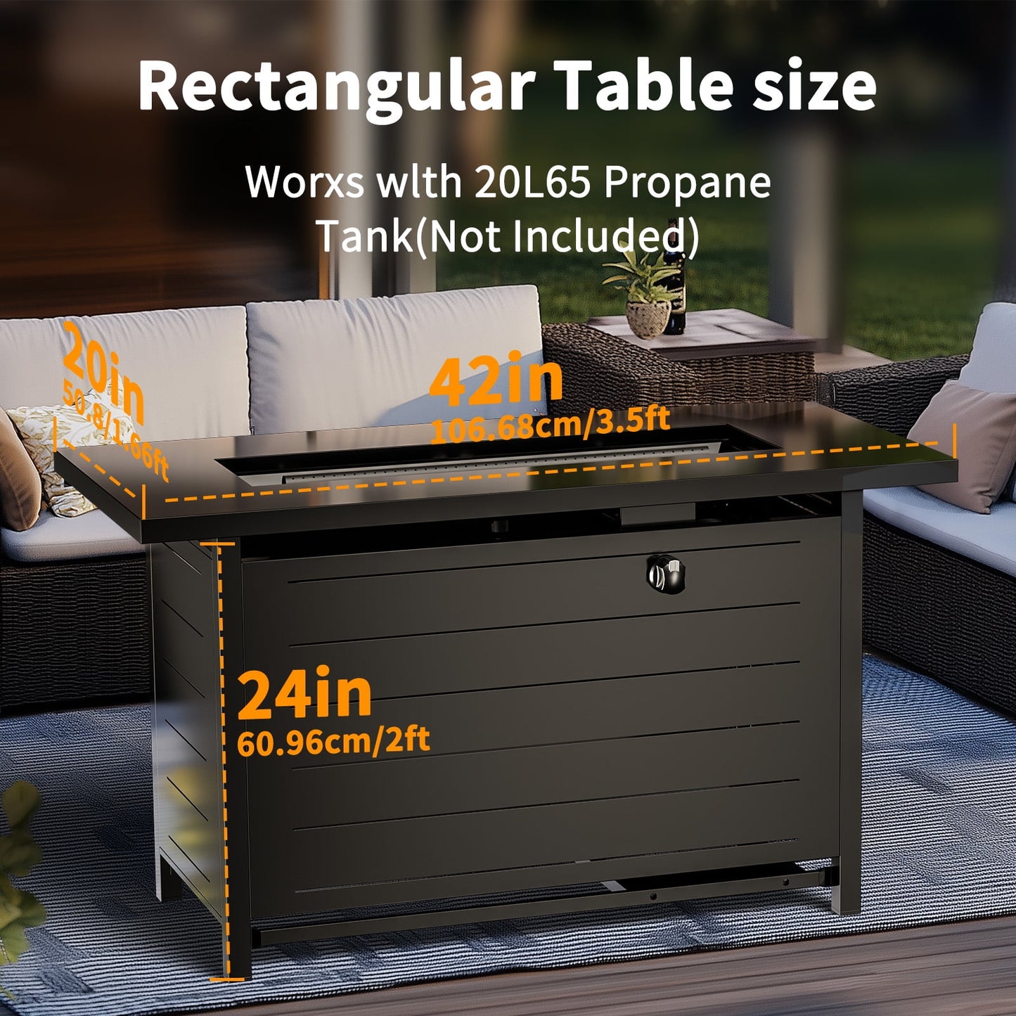 Philergo 42" Rectangular Gas Fire Pit Table, 60,000 BTU Propane Fire Pits for Outside with Lid and Lava Rock