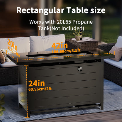 Philergo 42" Rectangular Gas Fire Pit Table, 60,000 BTU Propane Fire Pits for Outside with Lid and Lava Rock
