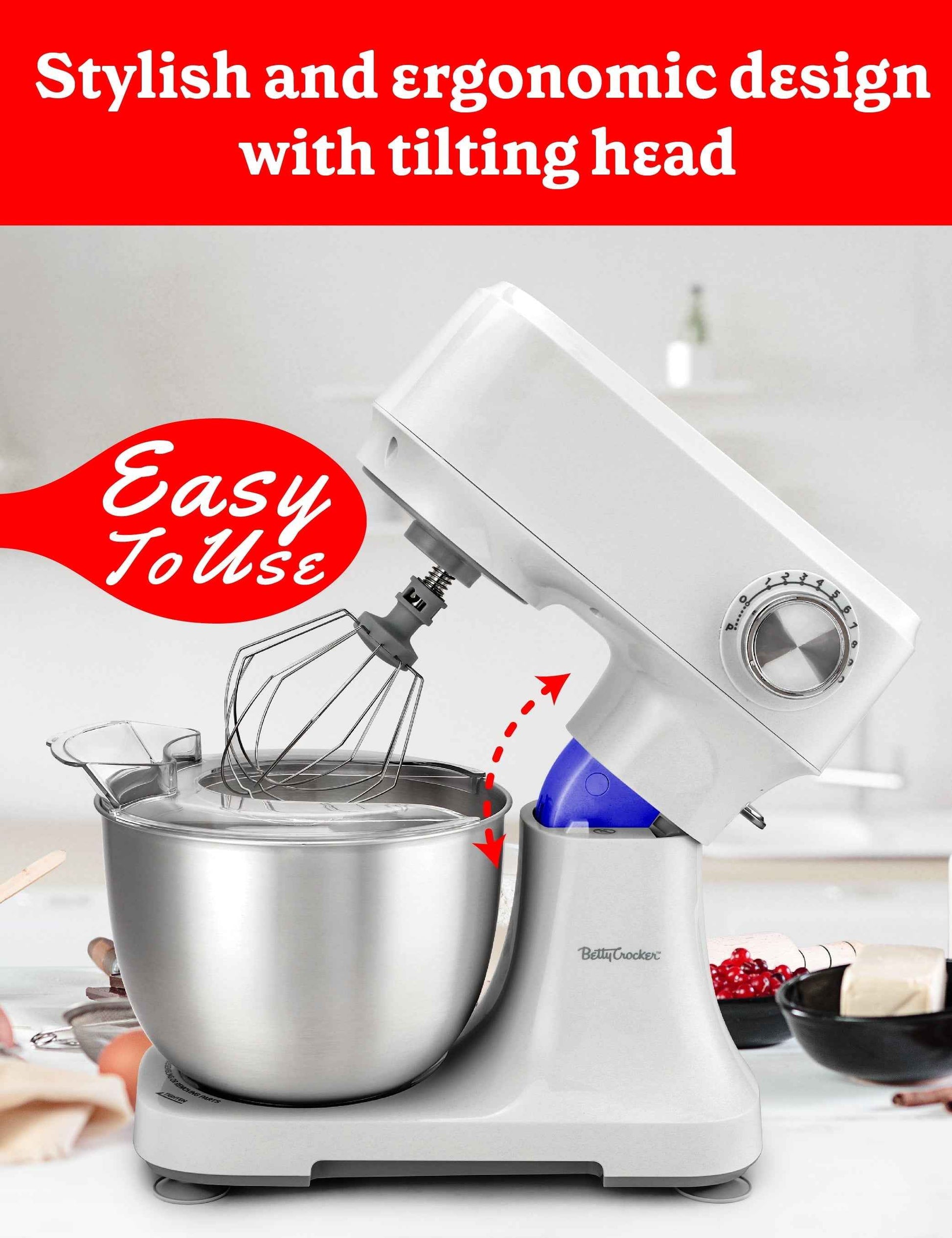 Betty Crocker Stand Mixer, 3.7-Qt Electric Mixer with 10 Speeds, Kitchen Mixer with Dough Hook, Whipping Whisk & Flat Beater with Scraper, Kitchen Appliances with Anti-Splash Cover & Stainless Steel M