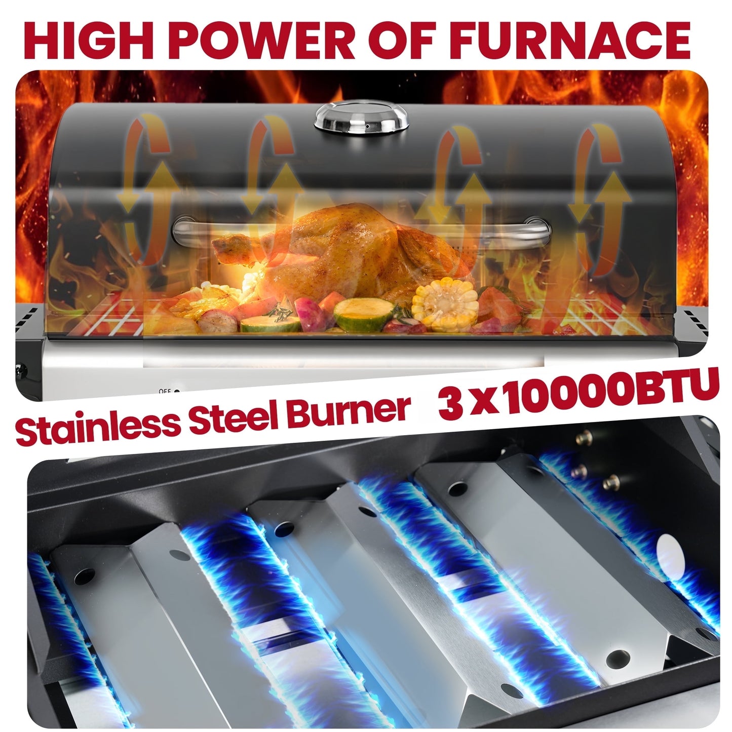 Enyopro 3 Burner Propane Gas Grill, 30,000BTU Stainless Steel Barbecue Grill with Foldable Side Table, Built-in Thermometer, Hanging Basket for Outdoor BBQ Camping Grill