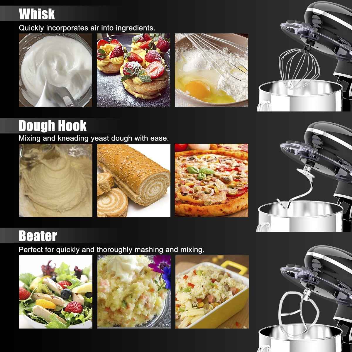 Costway 6.3 QT Tilt-Head Food Stand Mixer 6 Speed 660W wIth Dough Hook, Whisk & Beater Black