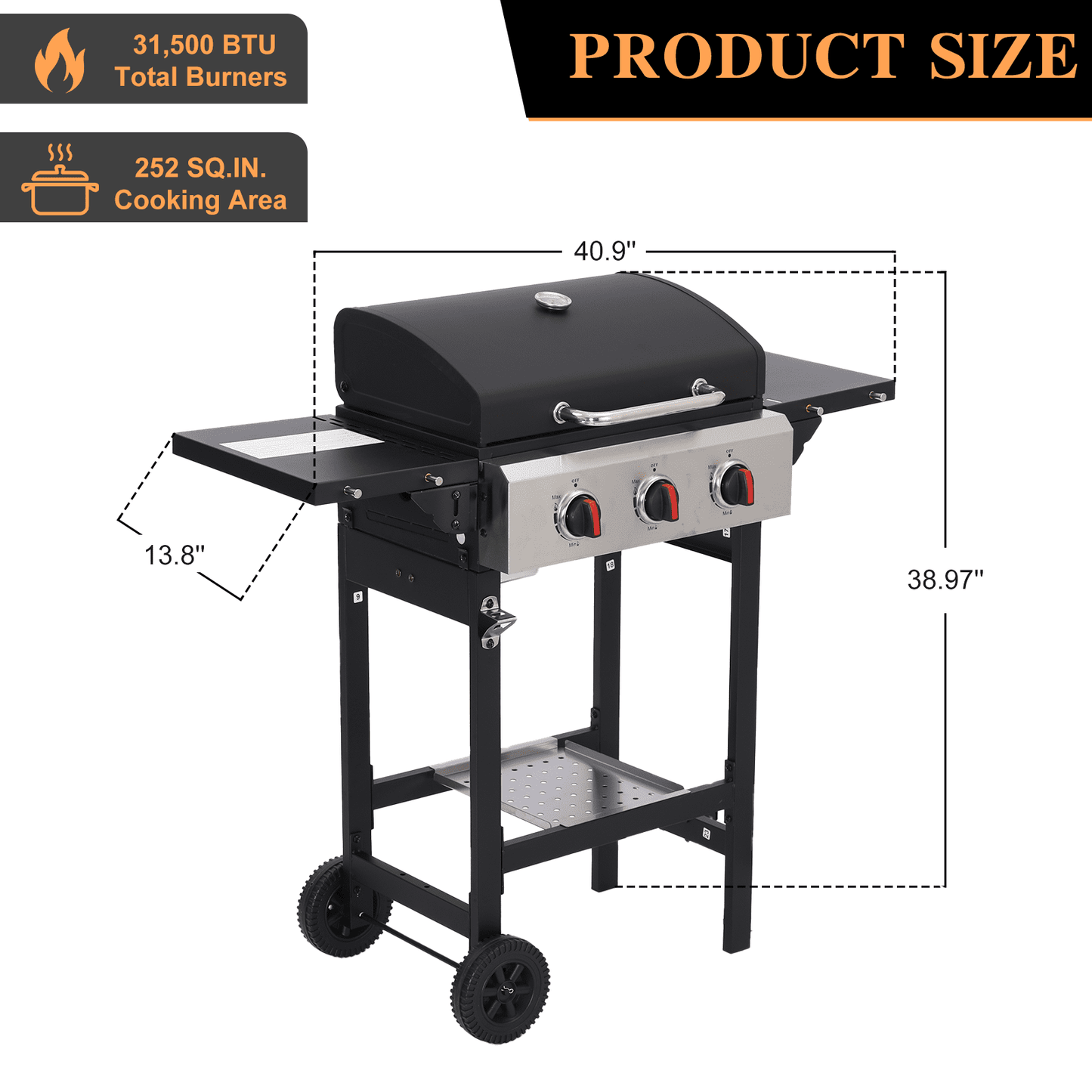 CIG GARDEN 3 Burner Propane Gas Grill, 31,500 BTU Output Outdoor BBQ Grill with Cast Iron Grates and Versatile Mini Grill Pan, Perfect for Outdoor Cooking, Balcony, Backyard, Camping