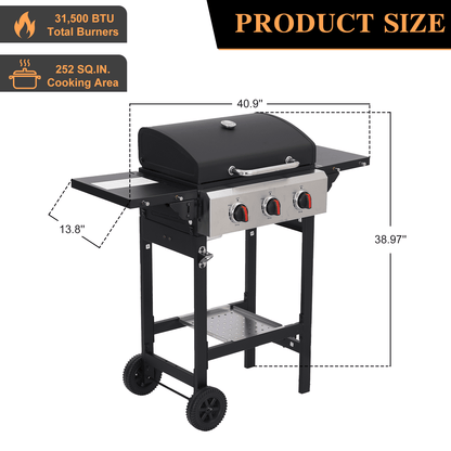 CIG GARDEN 3 Burner Propane Gas Grill, 31,500 BTU Output Outdoor BBQ Grill with Cast Iron Grates and Versatile Mini Grill Pan, Perfect for Outdoor Cooking, Balcony, Backyard, Camping