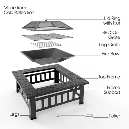Cozi Outdoor Square Fire Pit Table with BBQ Grill for Camping and Outdoor Decor, 32”