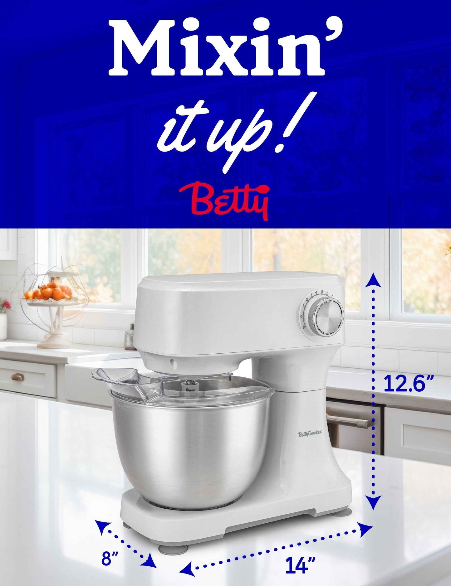 Betty Crocker Stand Mixer, 3.7-Qt Electric Mixer with 10 Speeds, Kitchen Mixer with Dough Hook, Whipping Whisk & Flat Beater with Scraper, Kitchen Appliances with Anti-Splash Cover & Stainless Steel M