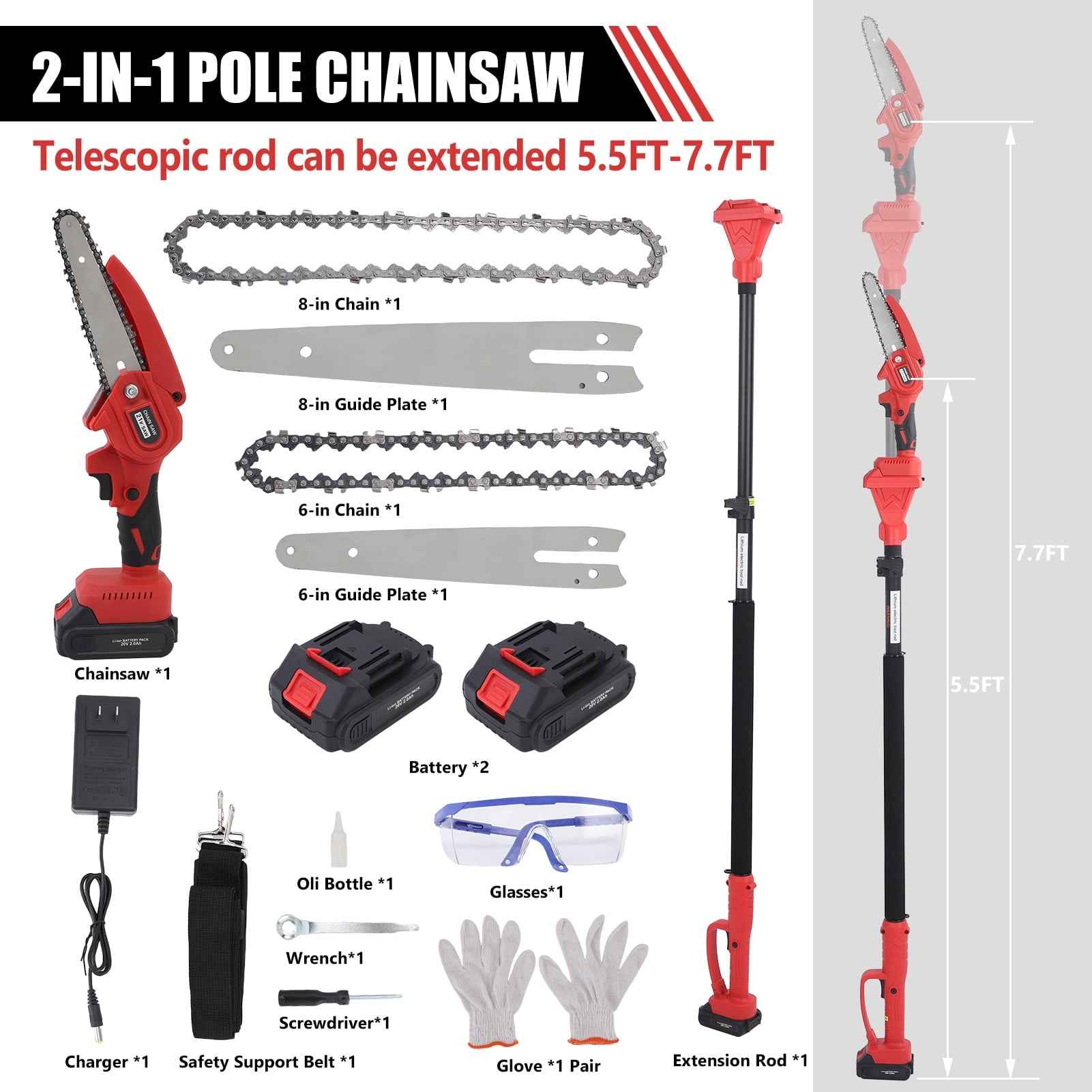 2-in-1 Brushless Cordless Pole Saw,6in + 8in Mini Chainsaw & Pole Saw with 2pcs 2.0A Batteries, 13.6ft Max Reach Brach Tree Saw Telescoping Extension Rod for Wood Tree Trimming Wood Cutting，Red