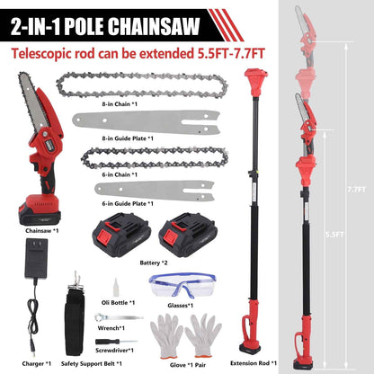 2-in-1 Brushless Cordless Pole Saw,6in + 8in Mini Chainsaw & Pole Saw with 2pcs 2.0A Batteries, 13.6ft Max Reach Brach Tree Saw Telescoping Extension Rod for Wood Tree Trimming Wood Cutting，Red