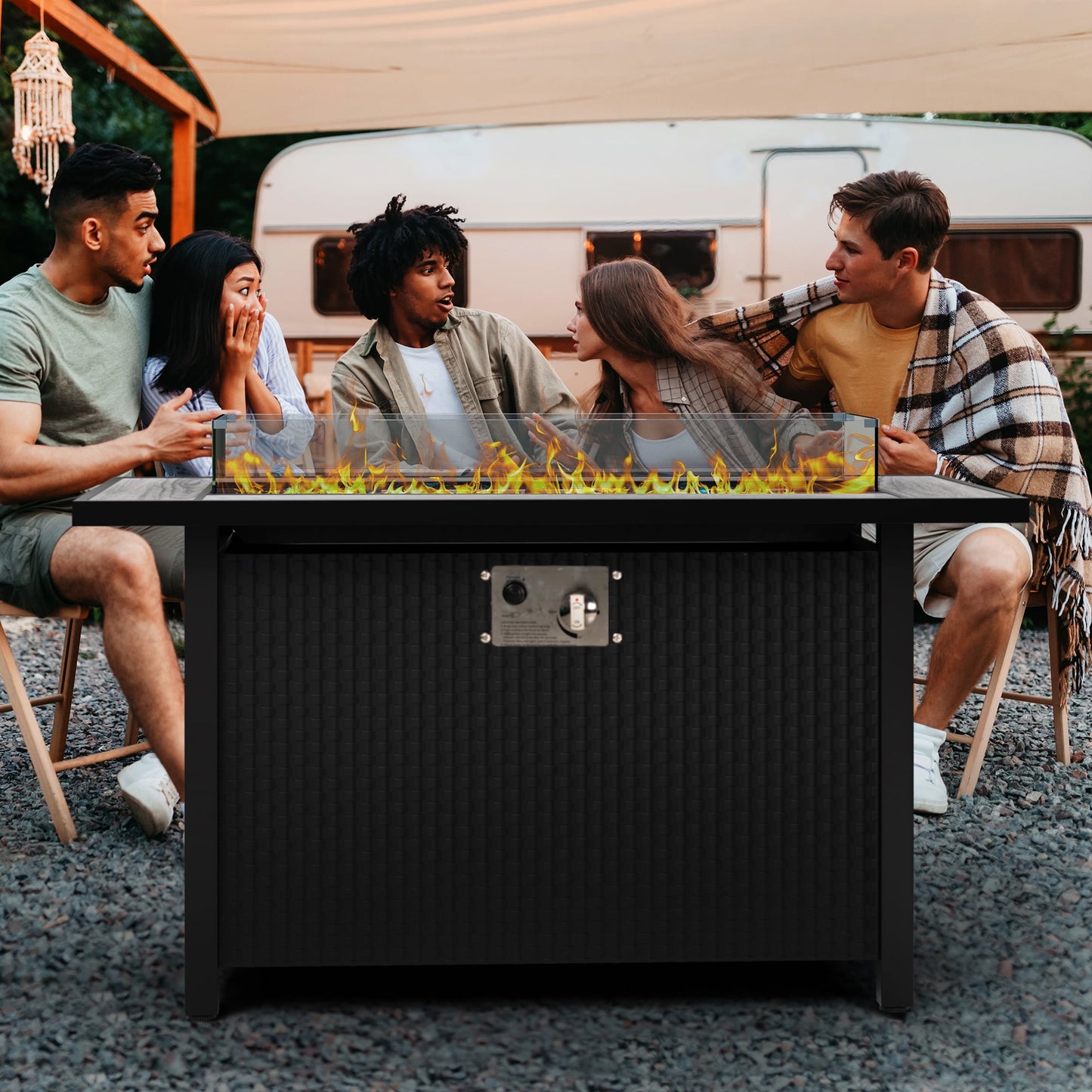Walsunny 45" Propane Fire Pit Table 50,000 BTU Steel Gas Fire Pit with Removable Lid & Waterproof Cover and Tables