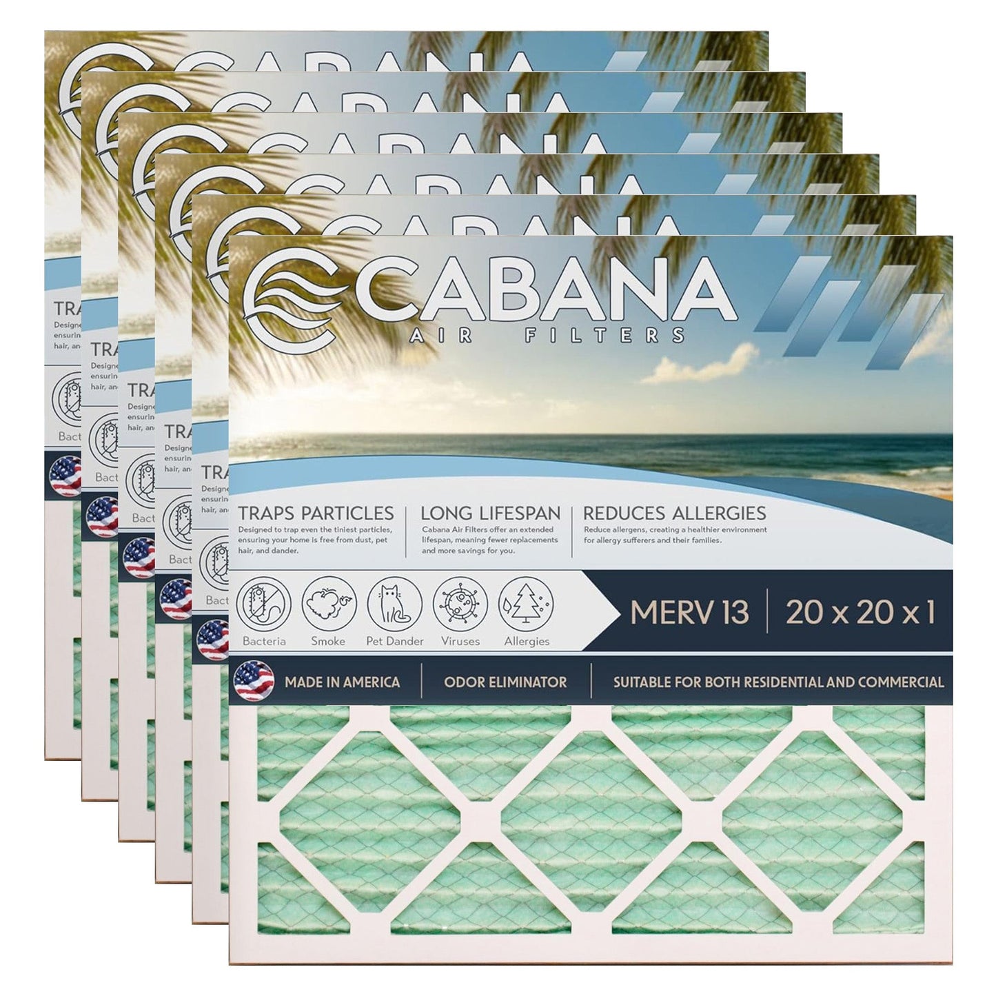Cabana Air Filters 6 Pack HVAC Furnace Air Filters, MERV 13, 20 x 20 x 1, White