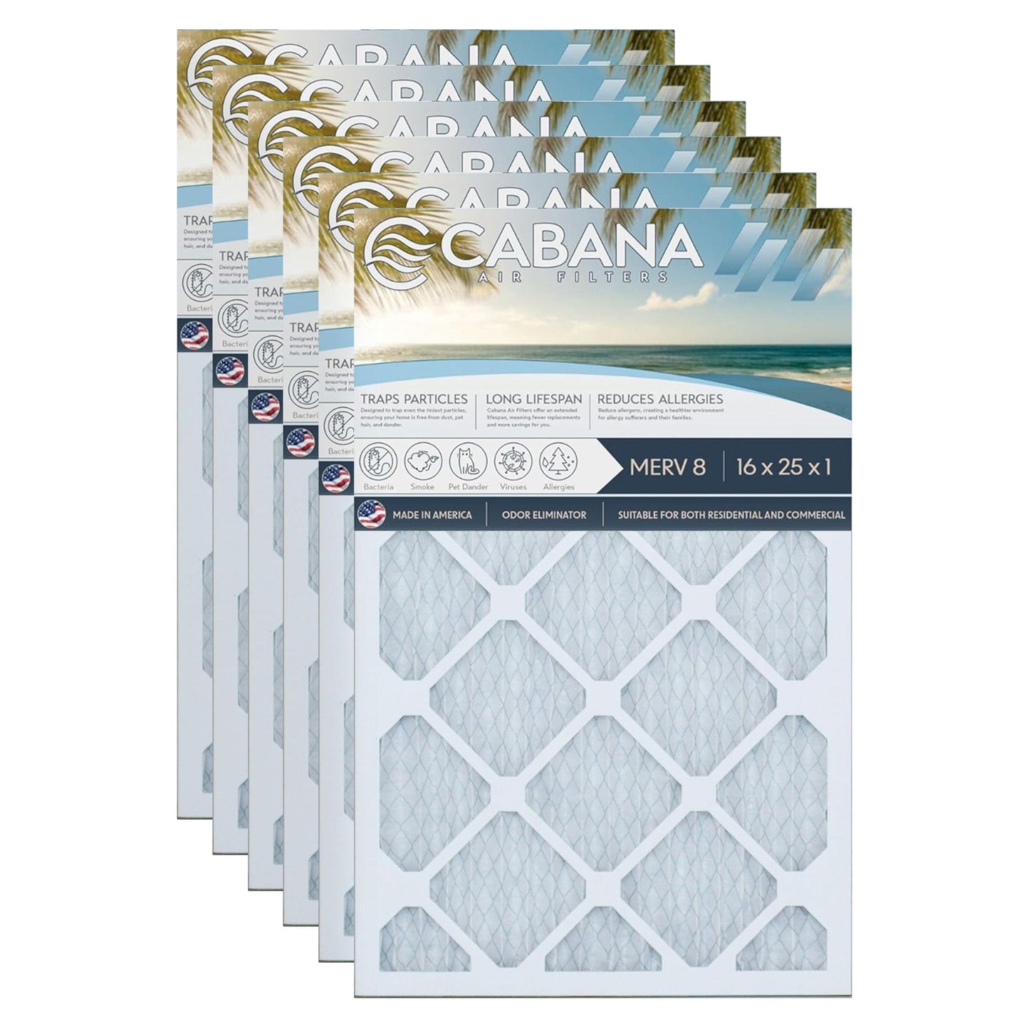 Cabana Air Filters 6 Pack HVAC Furnace Air Filters, MERV 8, 16 x 25 x 1, White