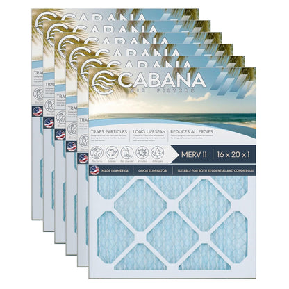 Cabana Air Filters 6 Pack HVAC Furnace Air Filters, MERV 11, 16 x 20 x 1, White