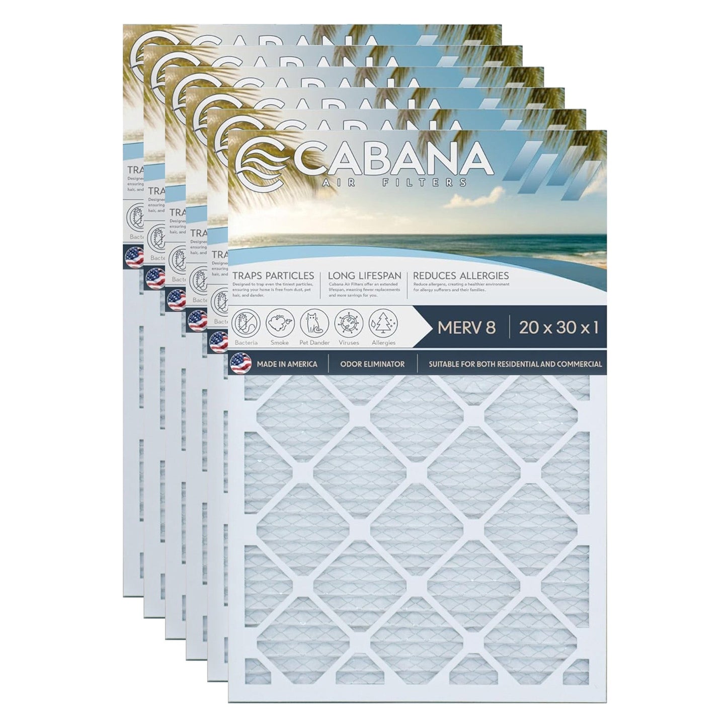 Cabana Air Filters 6 Pack HVAC Furnace Air Filters, MERV 8, 20 x 30 x 1, White