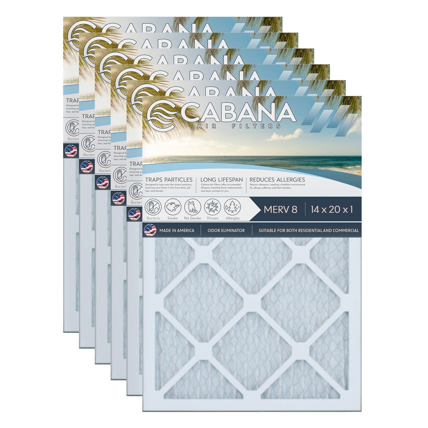 Cabana Air Filters 6 Pack HVAC Furnace Air Filters, MERV 8, 14 x 20 x 1, White