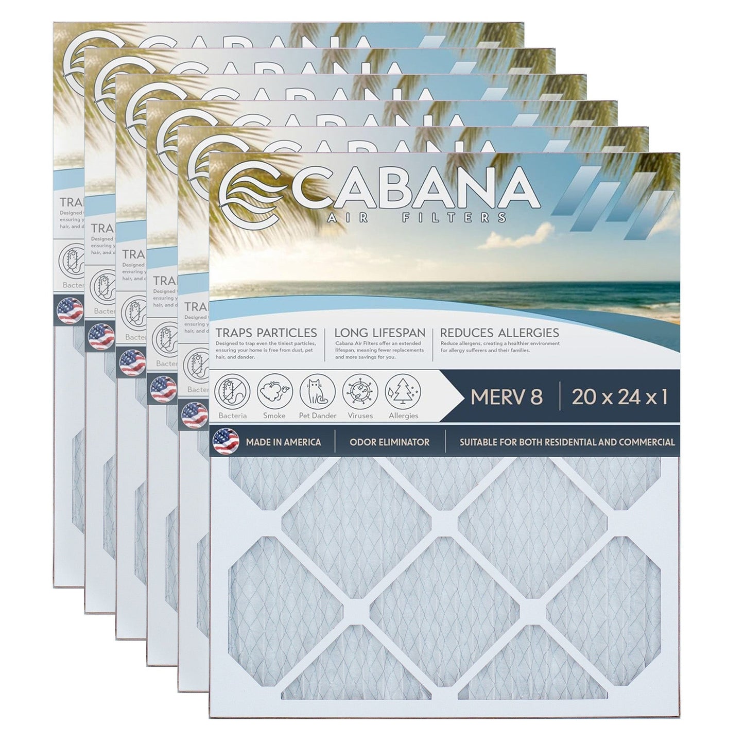 Cabana Air Filters 6 Pack HVAC Furnace Air Filters, MERV 8, 20 x 24 x 1, White