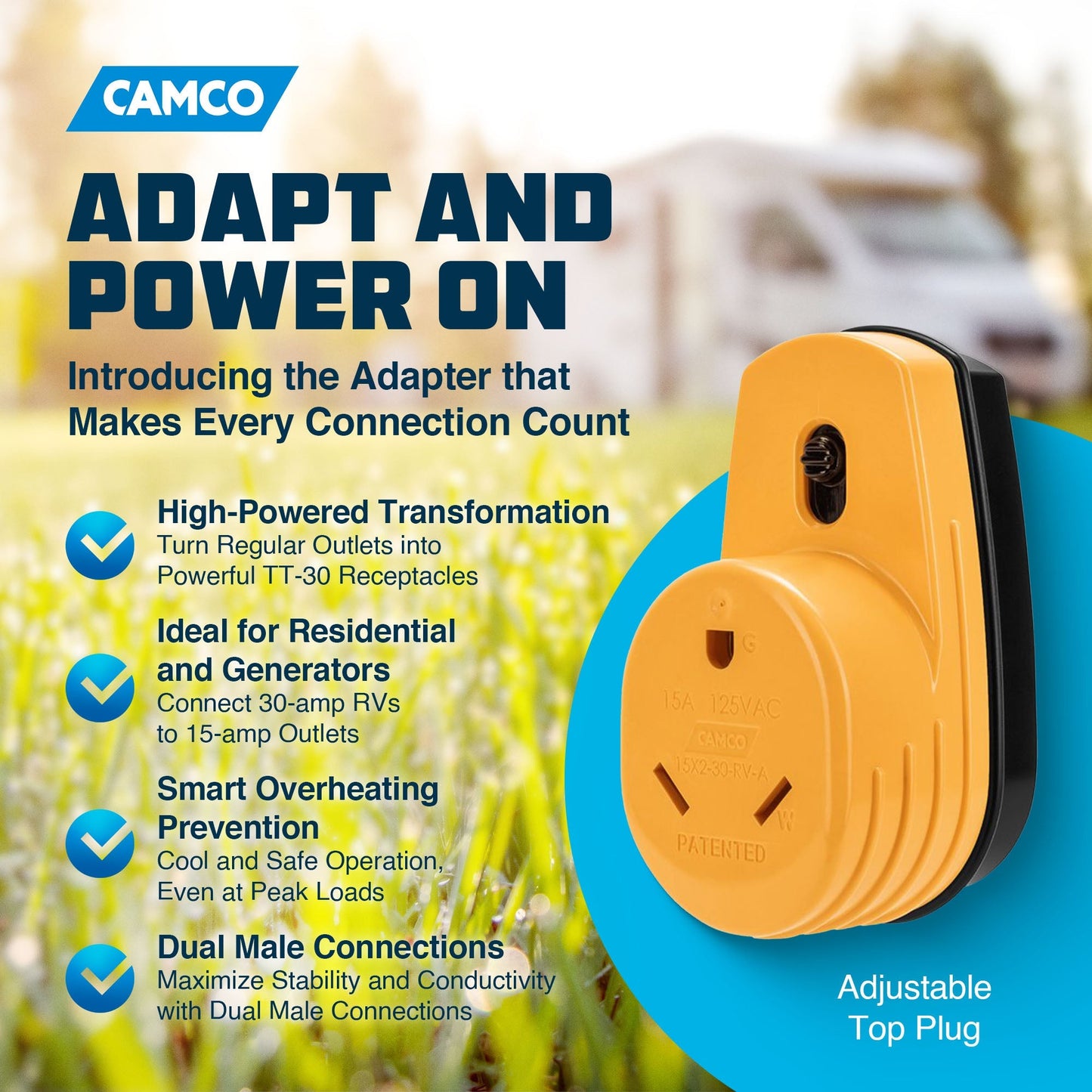 Camco 55225 Power Grip RV 125 Volt Two Plug 15 Amp to Single 30 Amp Adapter - Find Fresh Goods