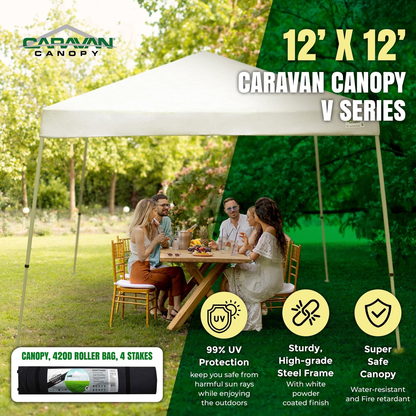 Caravan Canopy V Series 12 by 12 Foot Outdoor Shade Instant Canopy Kit, White