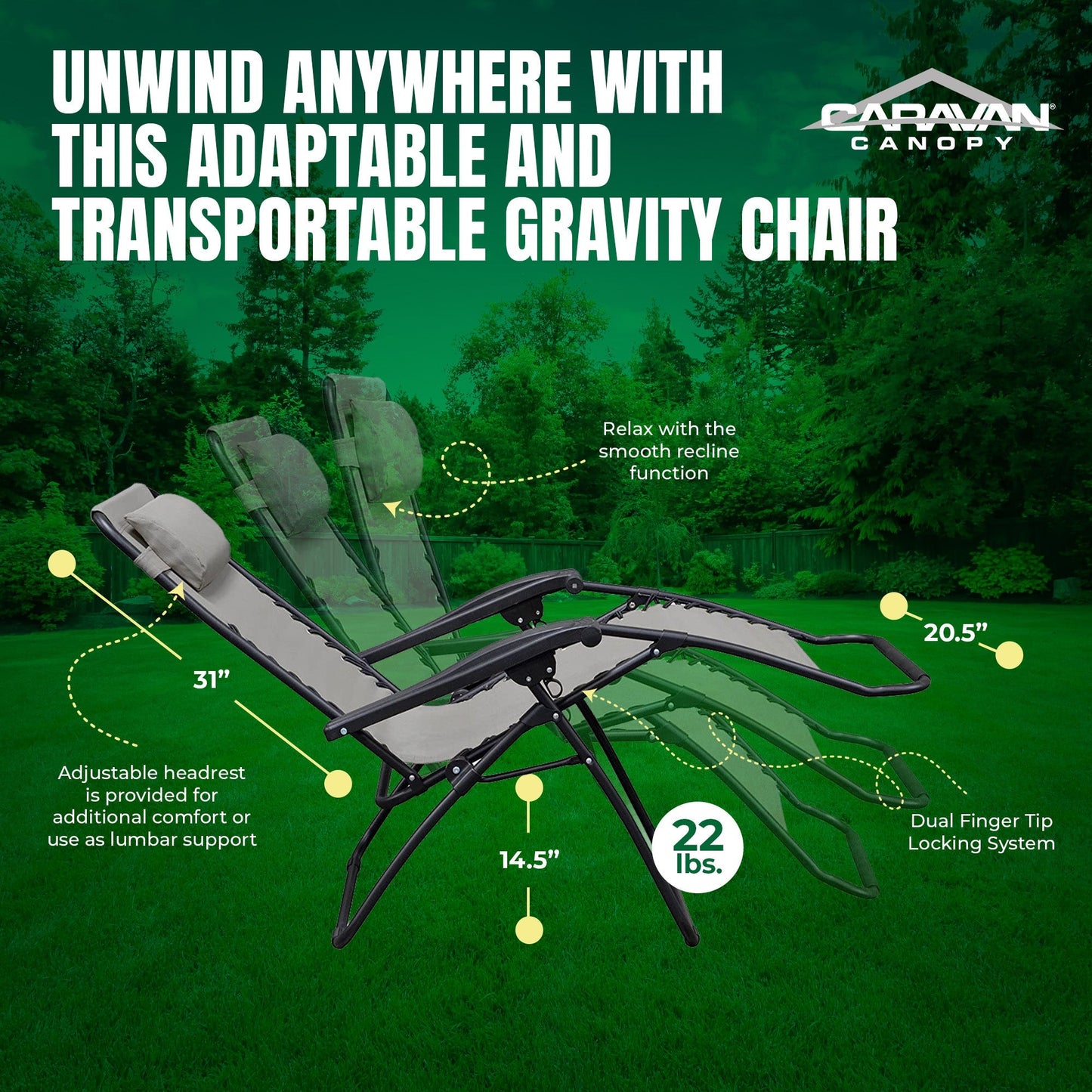 Caravan Sports Zero Gravity Outdoor Folding Camping Patio Lounge Chair, Gray