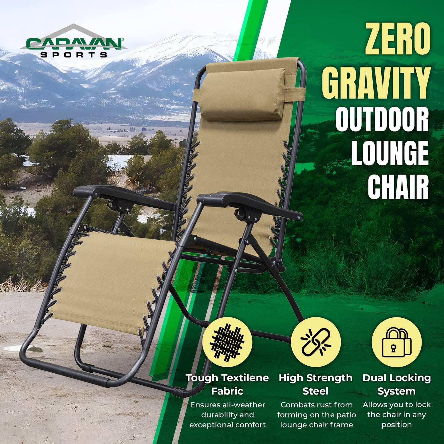 Caravan Sports Zero Gravity Outdoor Folding Camping Patio Lounge Chair, Beige