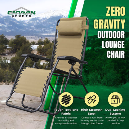 Caravan Sports Zero Gravity Outdoor Folding Camping Patio Lounge Chair, Beige