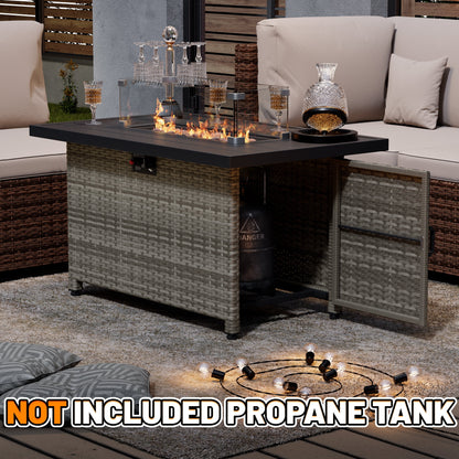 44 Inch Outdoor Wicker Fire Pit Table, 50000 BTU Propane Fire Pits with Glass Wind Guard and Lid, Patio Gas Fire Pit for Outside Patio and Garden(Grey)