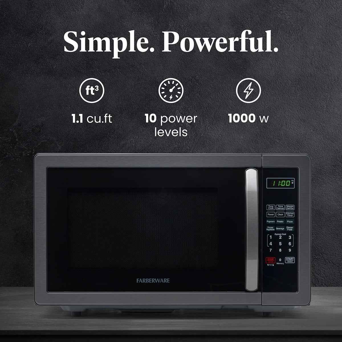 Farberware Stainless Steel Countertop Microwave Oven with Child Lock, 1.1 Cu Ft Black Stainless