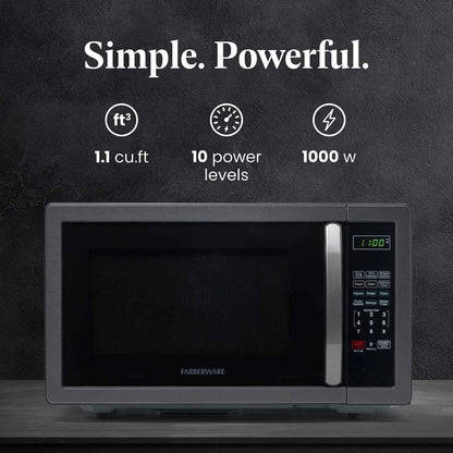 Farberware Stainless Steel Countertop Microwave Oven with Child Lock, 1.1 Cu Ft Black Stainless