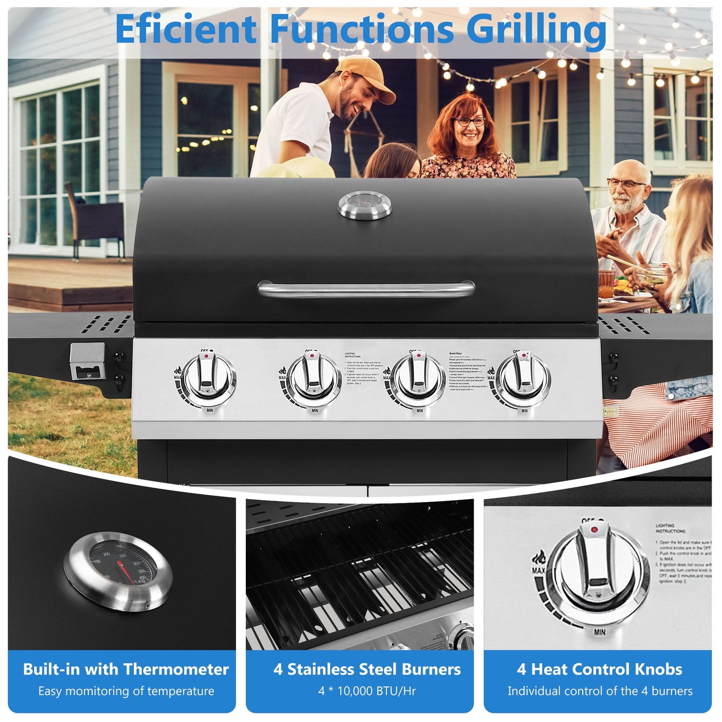 SEGMART 4 Burner BBQ Propane Gas Grill, Stainless Steel 40,000 BTU Patio Garden Barbecue Grill with Folding Side Tables, Cleaning Brush & Thermometer, Perfect for Camping, Outdoor Cooking