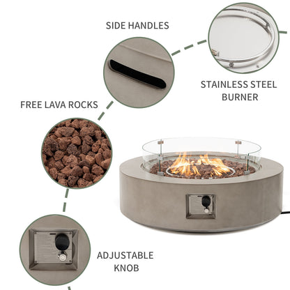 COSIEST Outdoor 40.5 inch Round Grey Propane Fire Pit Coffee Table w Wind Guard (Tank Outside)
