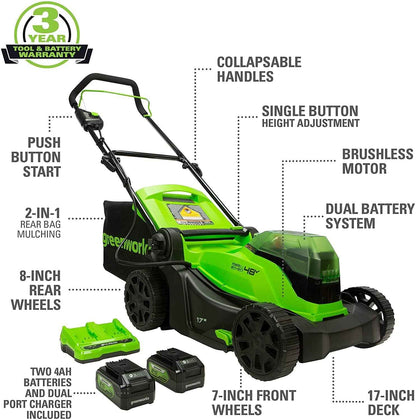 Greenworks 48V (2x24V) 17" Battery Push Mower + 2 x 24V 4Ah Batteries & Dual Port Charger 2526302