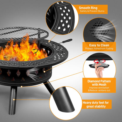 YDLW 38 inch Fire Pit for Outside 2 in 1 BBQ Wood Burning Fire Pit for Outdoor Camping Large Fire Pit Wood Bowl Firepit with Grate Spark Screen Log Grate