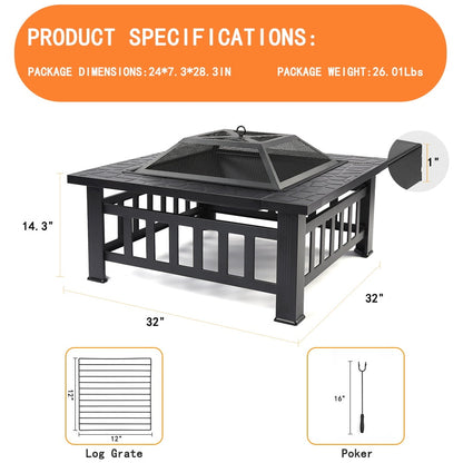 Multifunctional Fire Pit Table, 32'' Fireplace Heater/Ice Pit, Square Metal Fire Pit Stove with Screen Lid and Log Poker for Backyard Garden Camping Picnic Bonfire